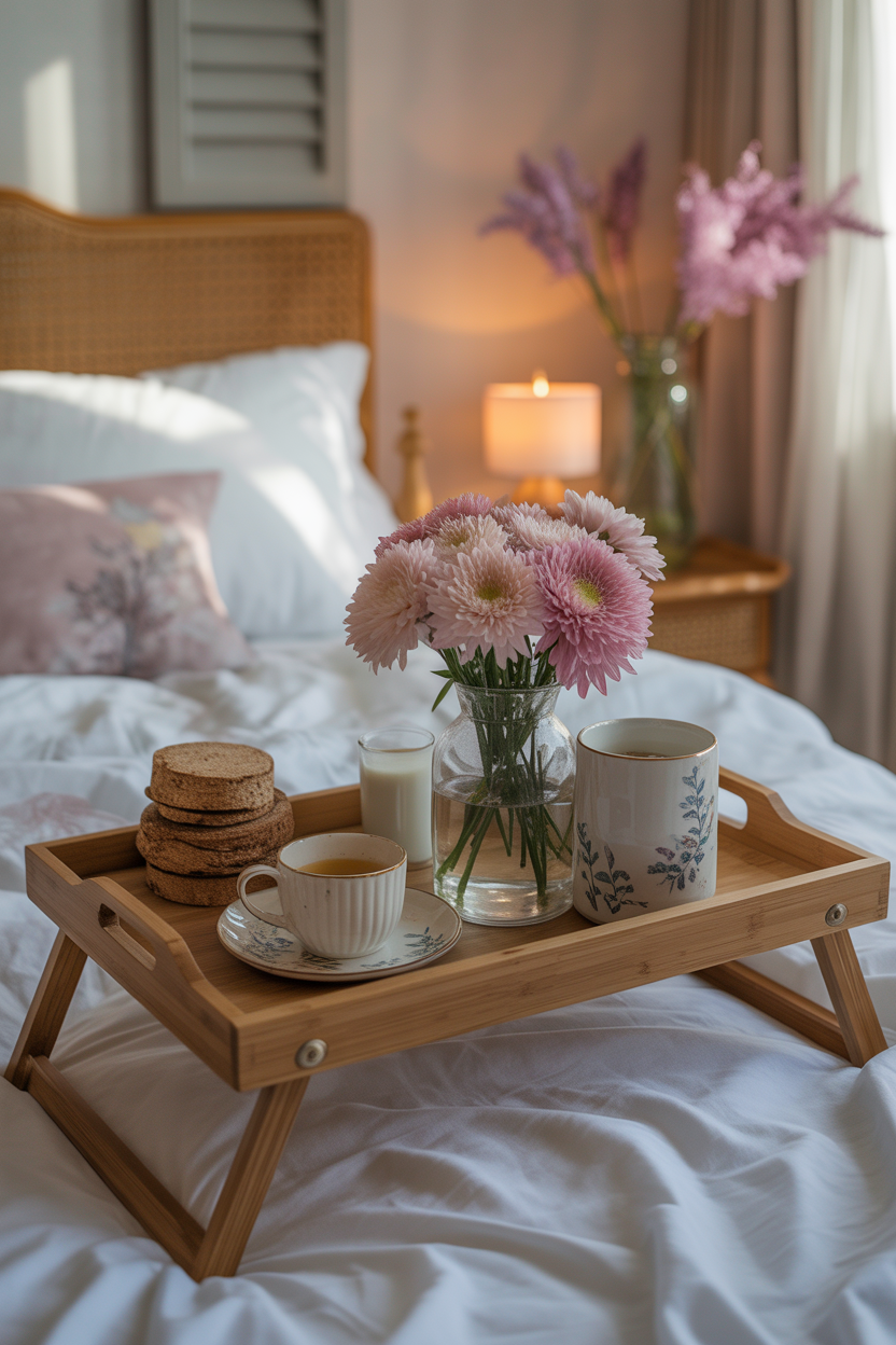Flower decor ideas for Mother’s Day breakfast tray with pastel flowers