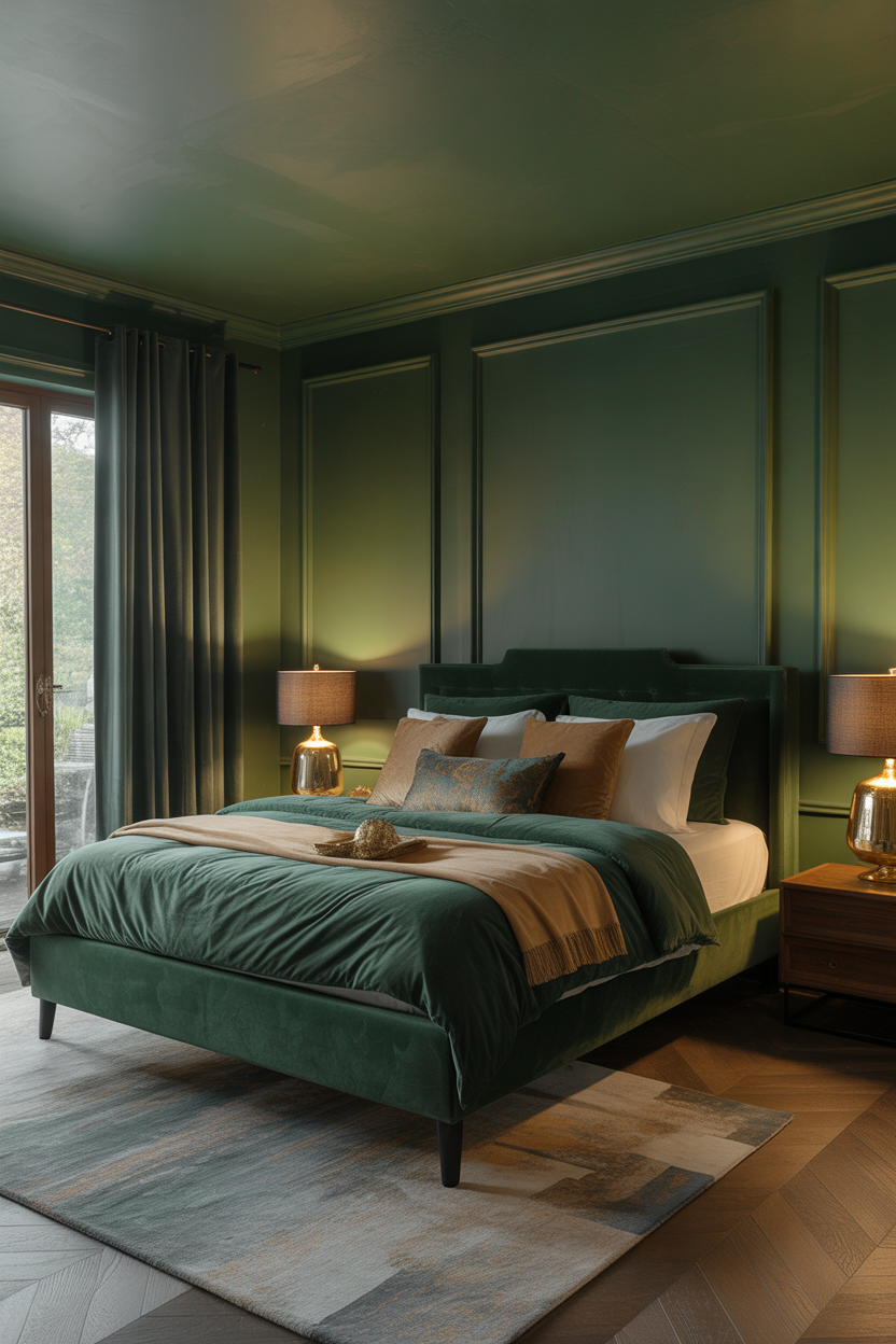 Forest green guest bedroom with velvet bed and gold accents for luxury