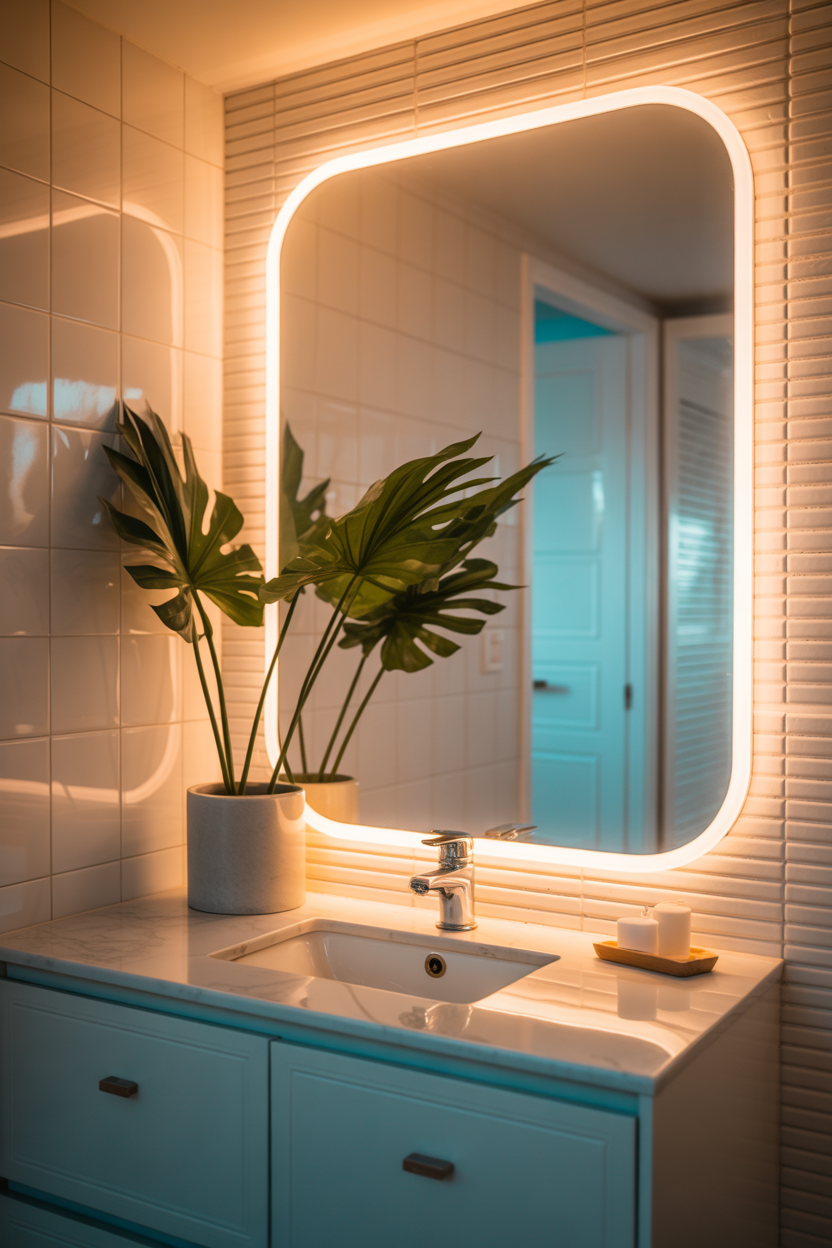 frameless coastal bathroom mirror ideas with modern lighting glow
