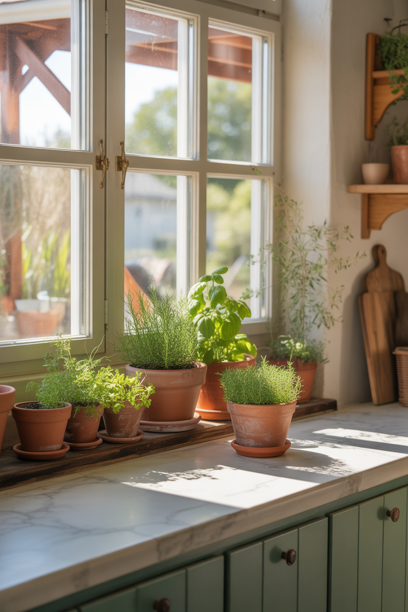 Coastal kitchen ideas with fresh herb displays for color