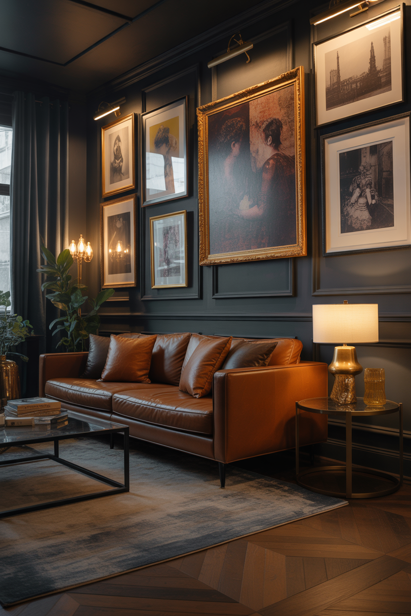 Moody maximalist living room ideas gallery wall artistic luxury design