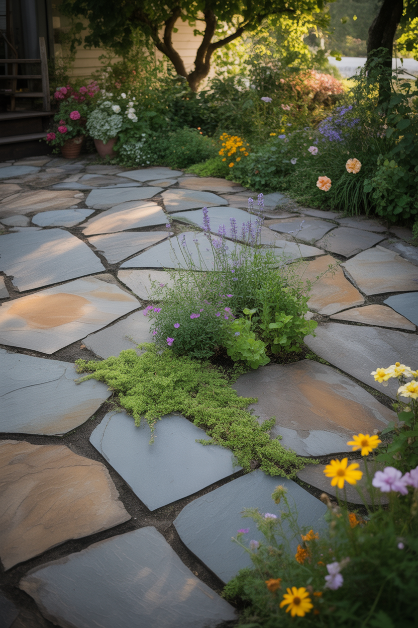garden style flagstone patio design ideas with plants and flowers