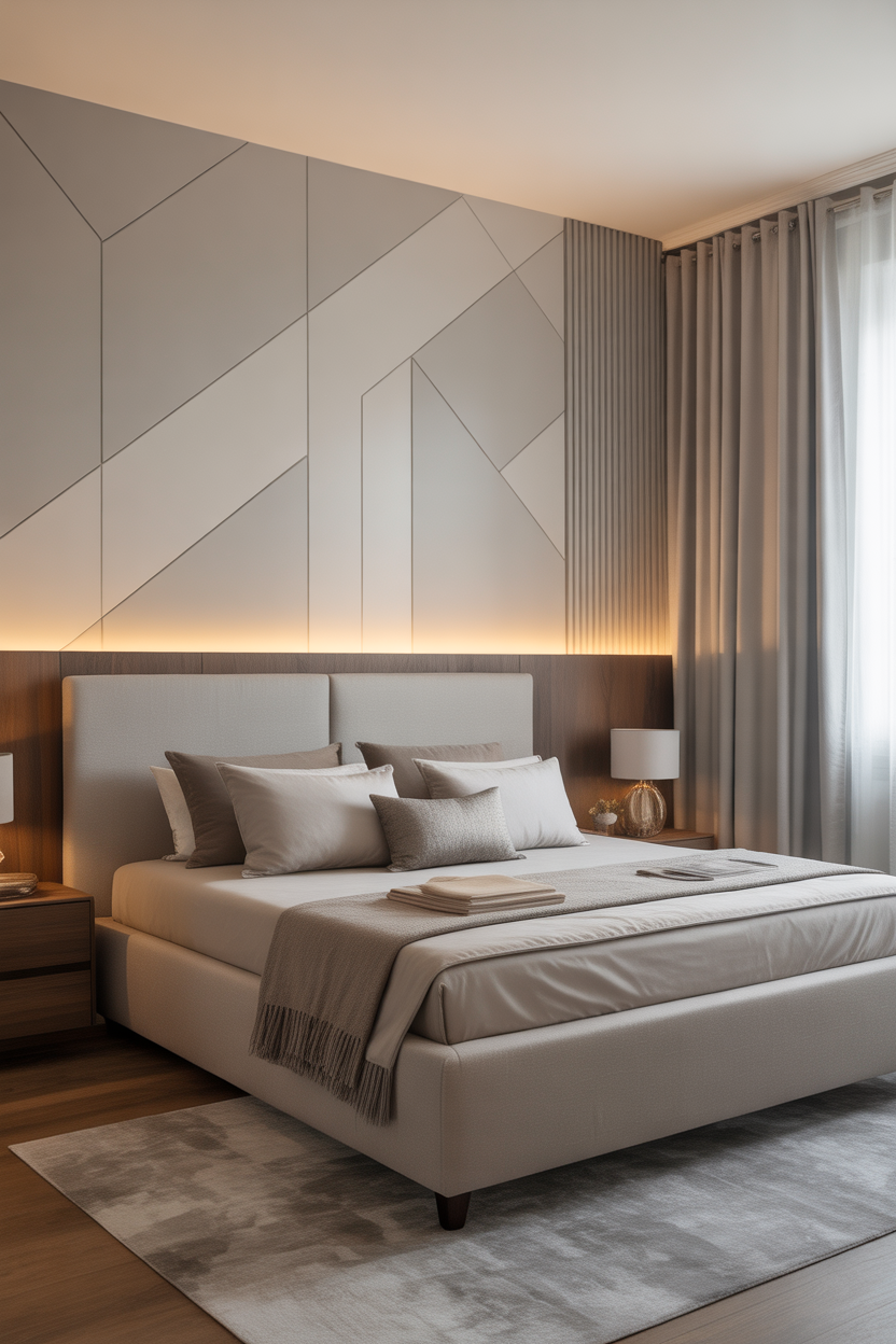 Geometric painter tape mural in a modern minimalist bedroom with a clean aesthetic design