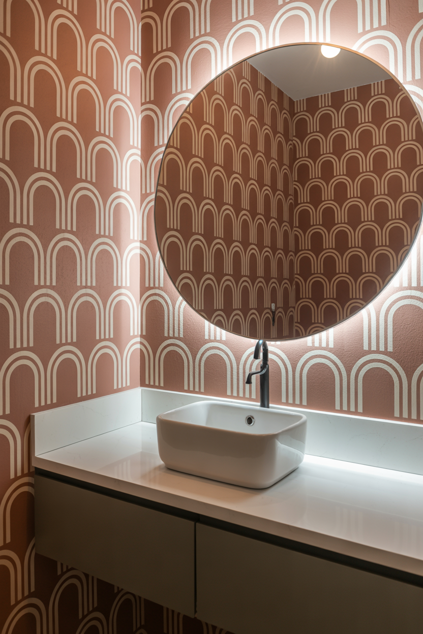 Bold geometric arch repeat wallpaper in terracotta and cream in a modern powder room with a backlit mirror and vessel sink
