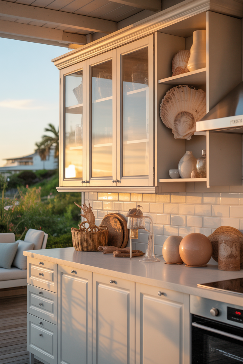 Coastal kitchen ideas with glass cabinet doors showcasing decor