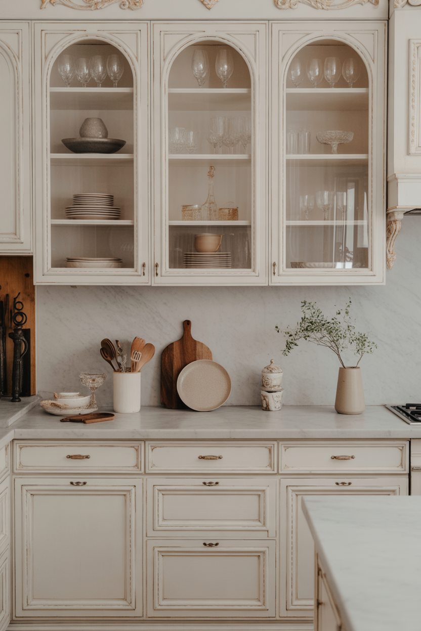 Glass cabinets in a French farmhouse kitchen