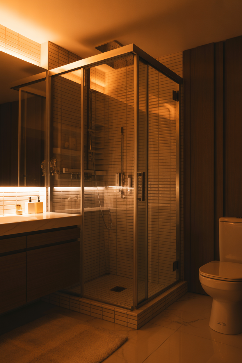 Glass shower enclosure, small bathroom, modern luxury spa style