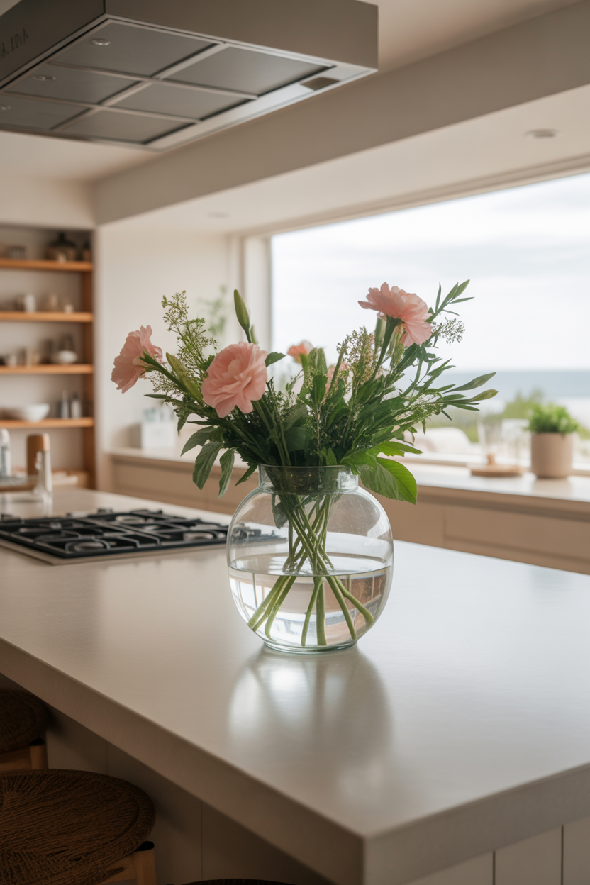 kitchen island decor ideas with glass vase and flowers
