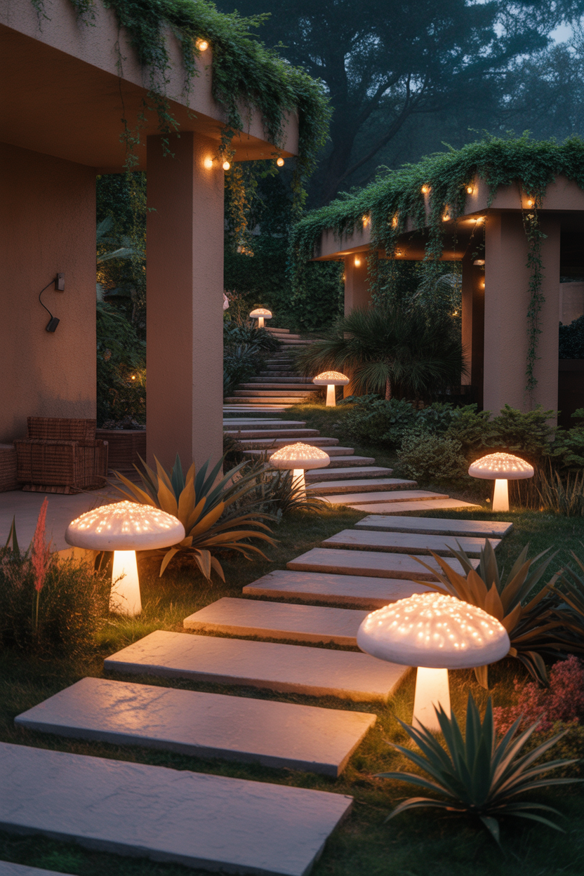 mushroom garden decor ideas, glowing pathway, night lighting