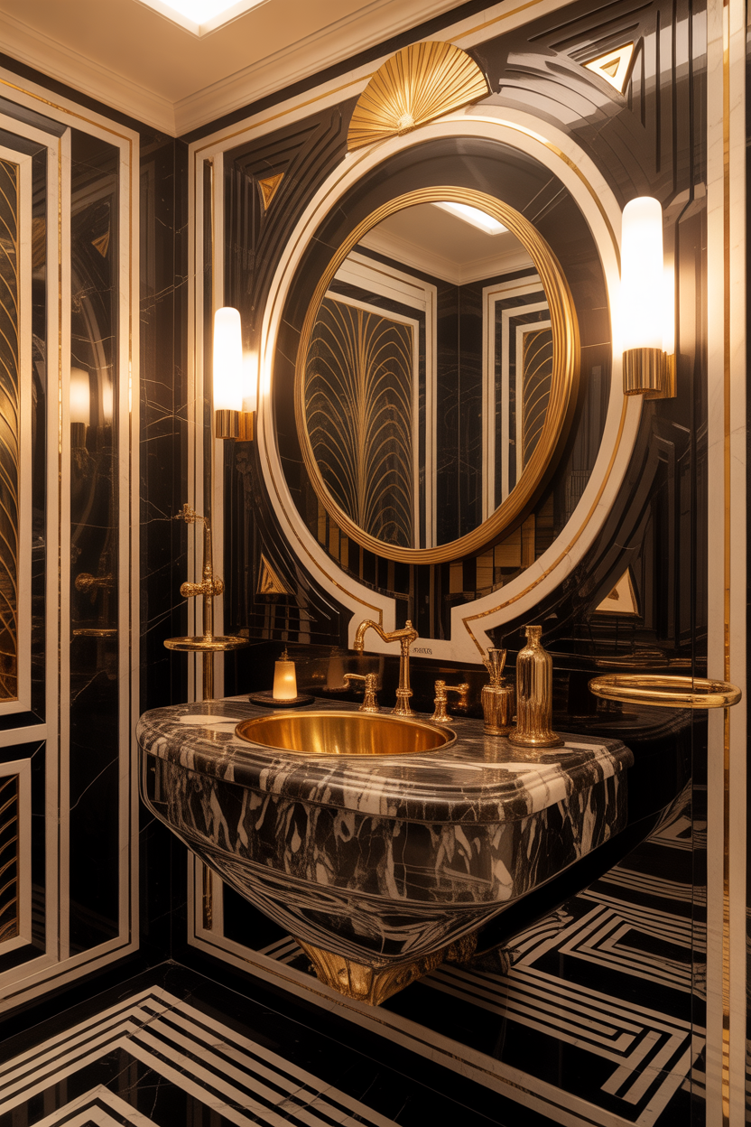 Art Deco bathroom with gold fixtures luxury design