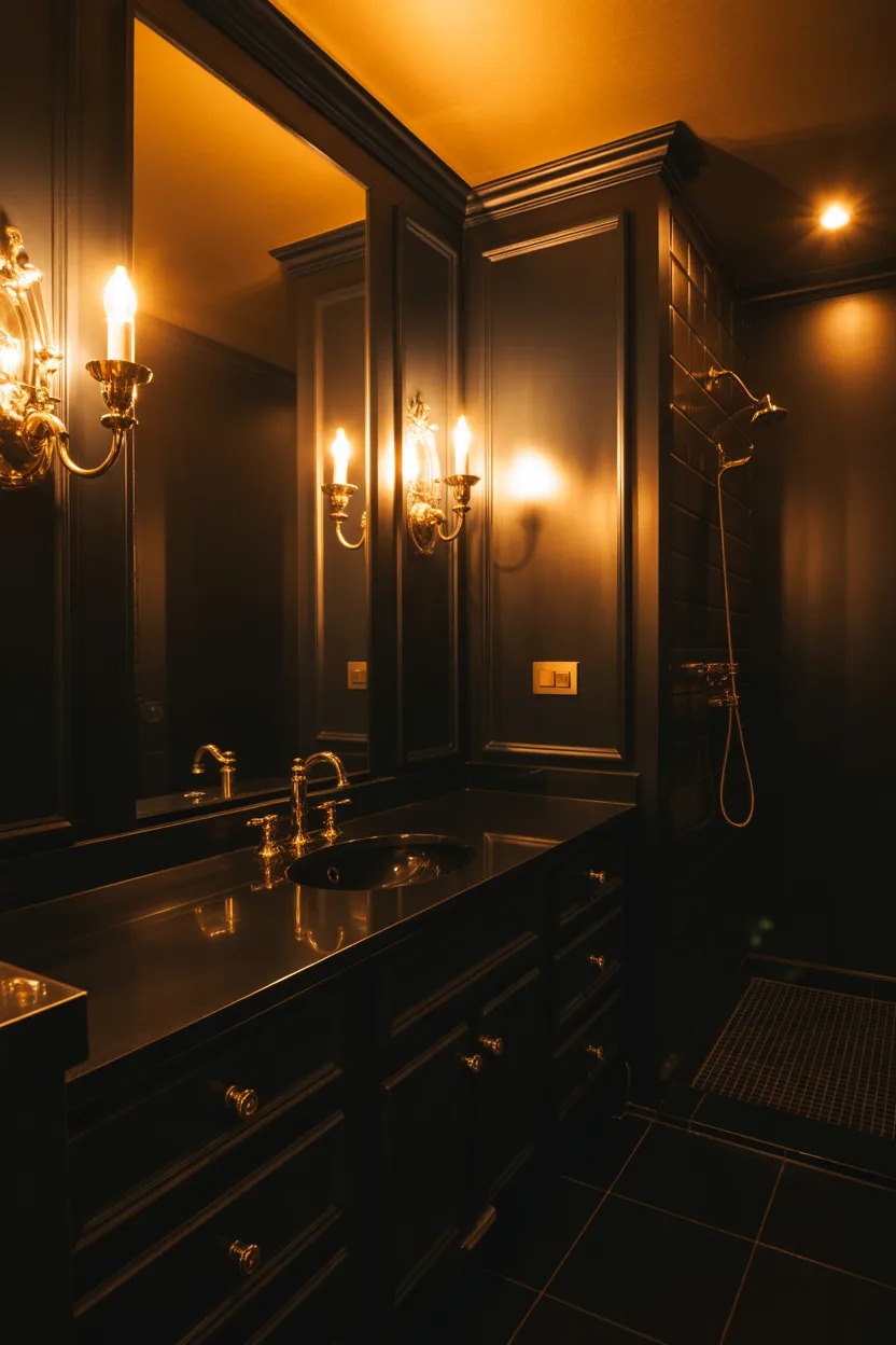 Gold wall sconces flanking a mirror in a black bathroom for warm atmospheric luxury lighting