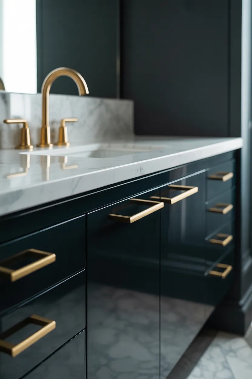 Gold wall sconces in a black bathroom creating warm luxury lighting around a mirror