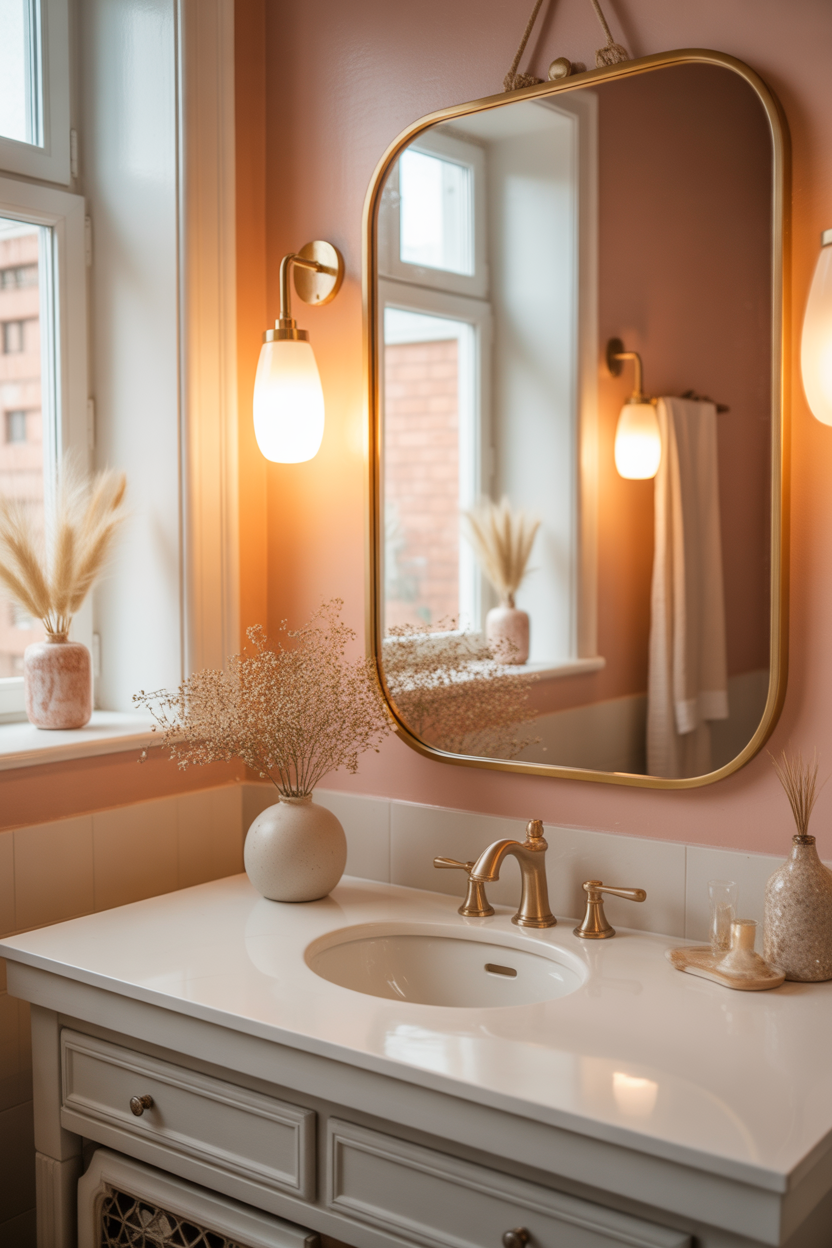 gold trim coastal bathroom mirror ideas with warm, elegant lighting