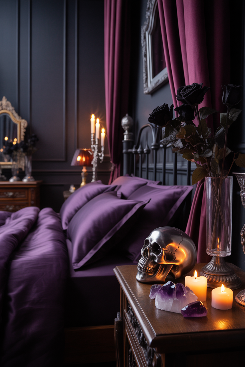 dark & moody bedroom ideas with subtle gothic accessories