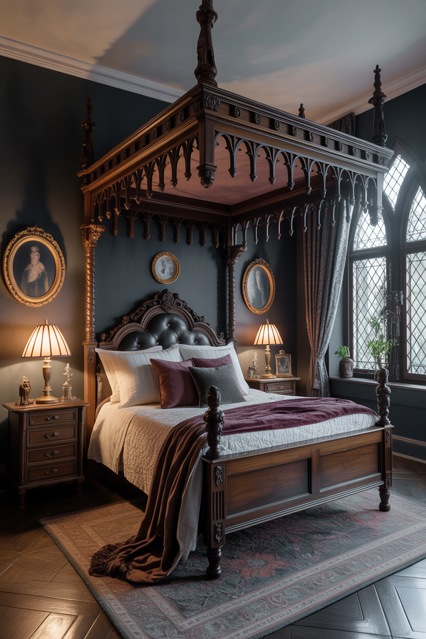 dark & moody bedroom ideas with gothic antique furniture