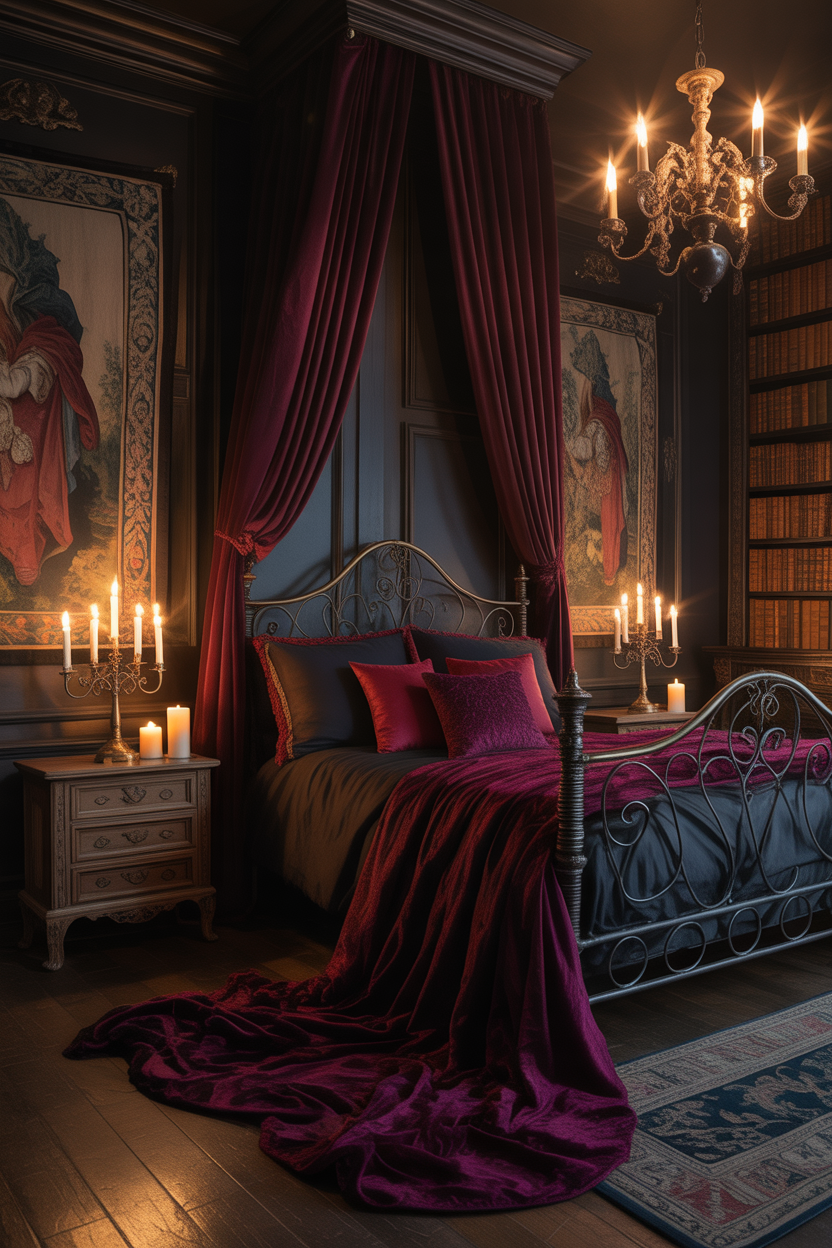 dark & moody bedroom ideas with blackout gothic curtains