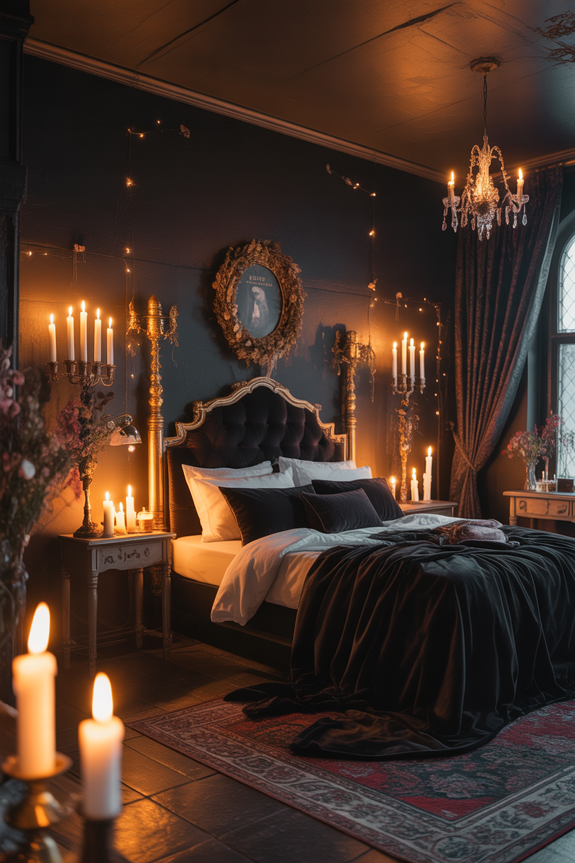 dark & moody bedroom ideas with candlelit gothic ambiance