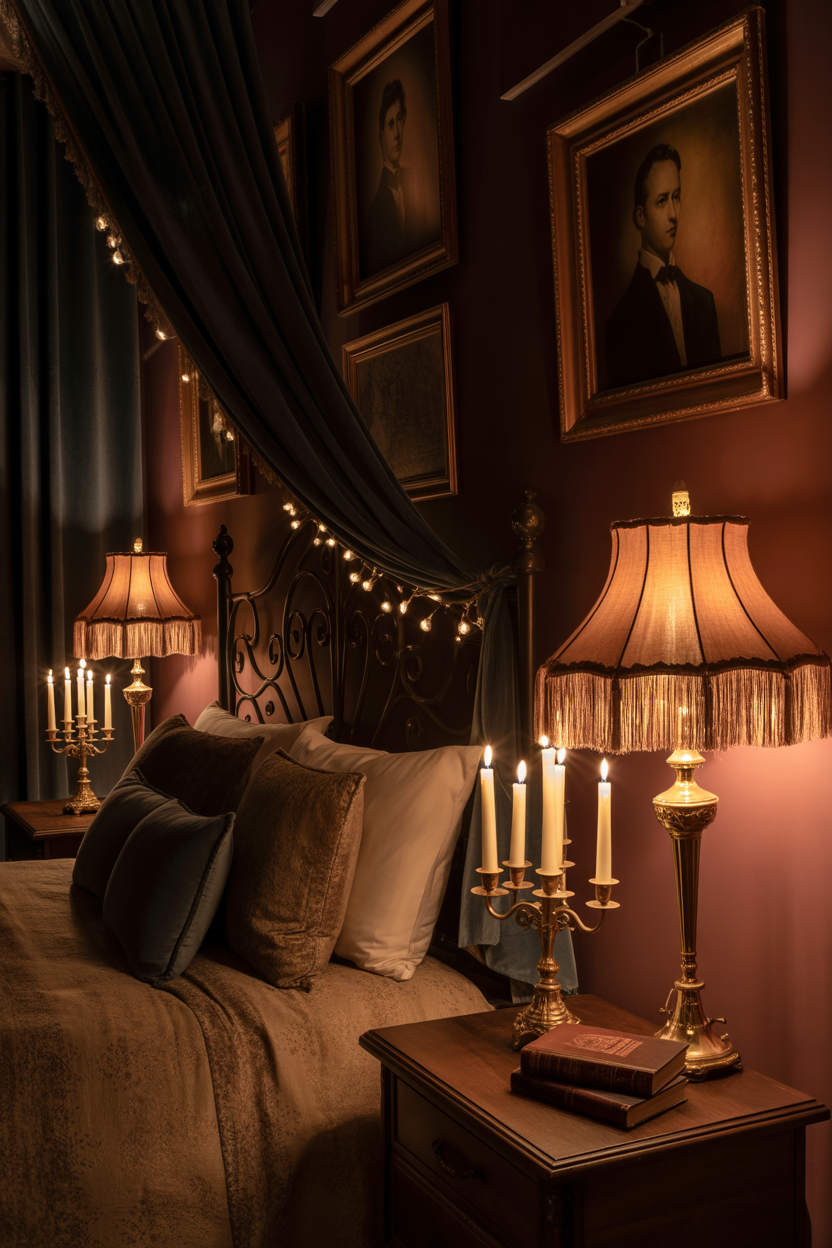 dark & moody bedroom ideas with layered gothic lighting