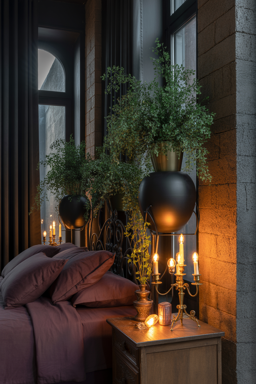 dark & moody bedroom ideas with gothic plants decor