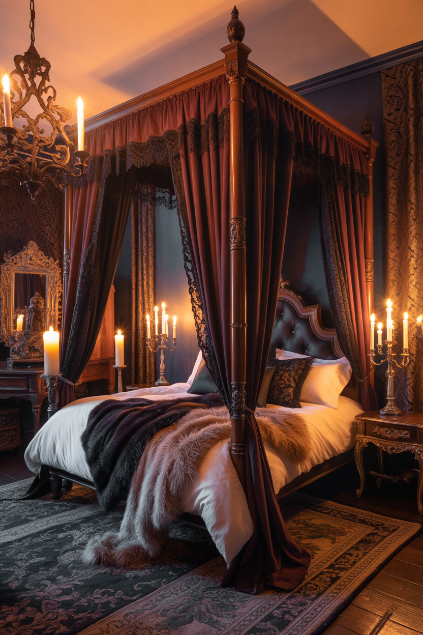 dark & moody bedroom ideas with layered gothic textures