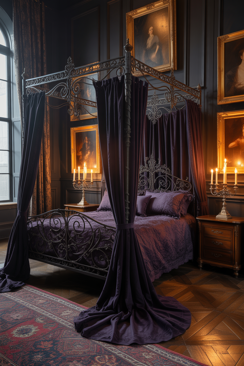 dark & moody bedroom ideas with gothic canopy bed