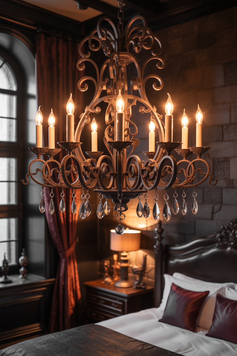 dark fantasy bedroom with gothic chandelier lighting