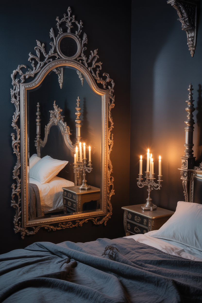 dark & moody bedroom ideas with vintage gothic mirror decor