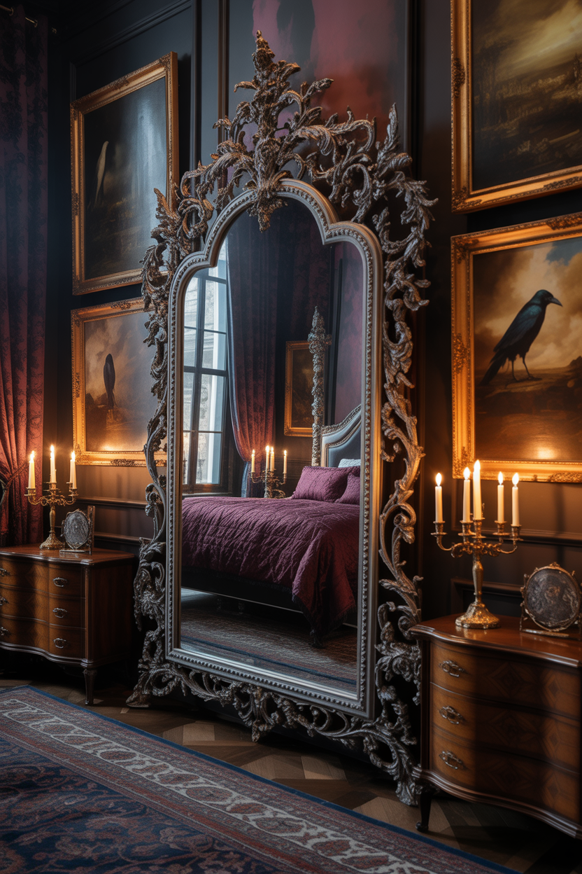 dark fantasy bedroom with gothic mirror and wall art