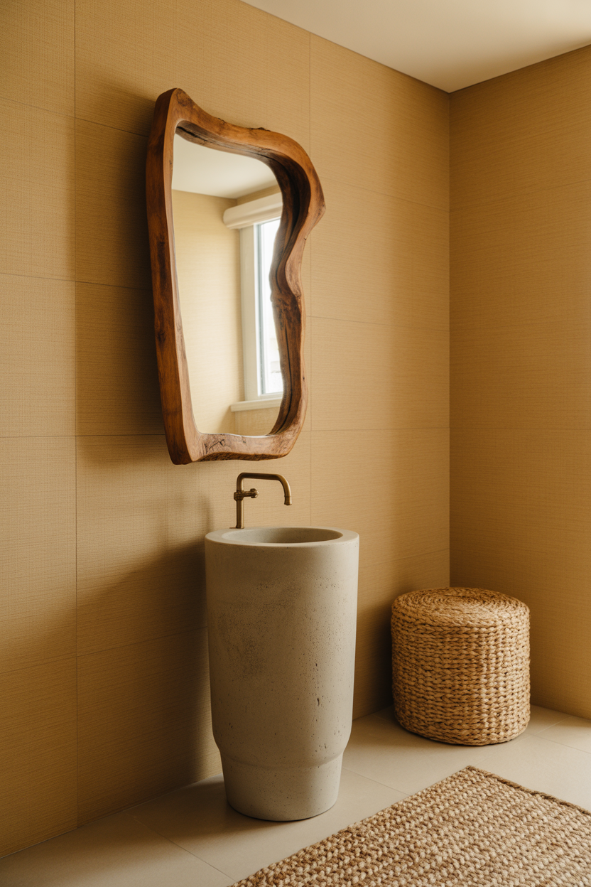 Warm tan grasscloth textured wallpaper in a powder room with raw wood mirror, concrete sink, and matte brass faucet