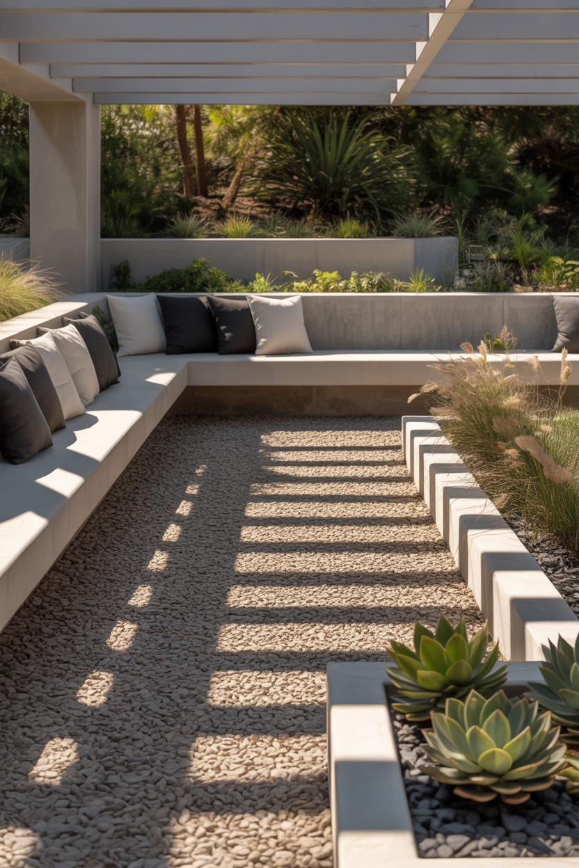 gravel patio ideas with built-in bench seating