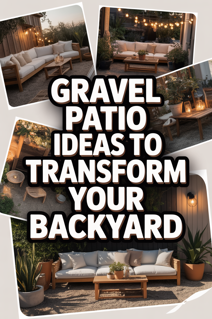 Cozy backyard gravel patio with seating, lights, and greenery