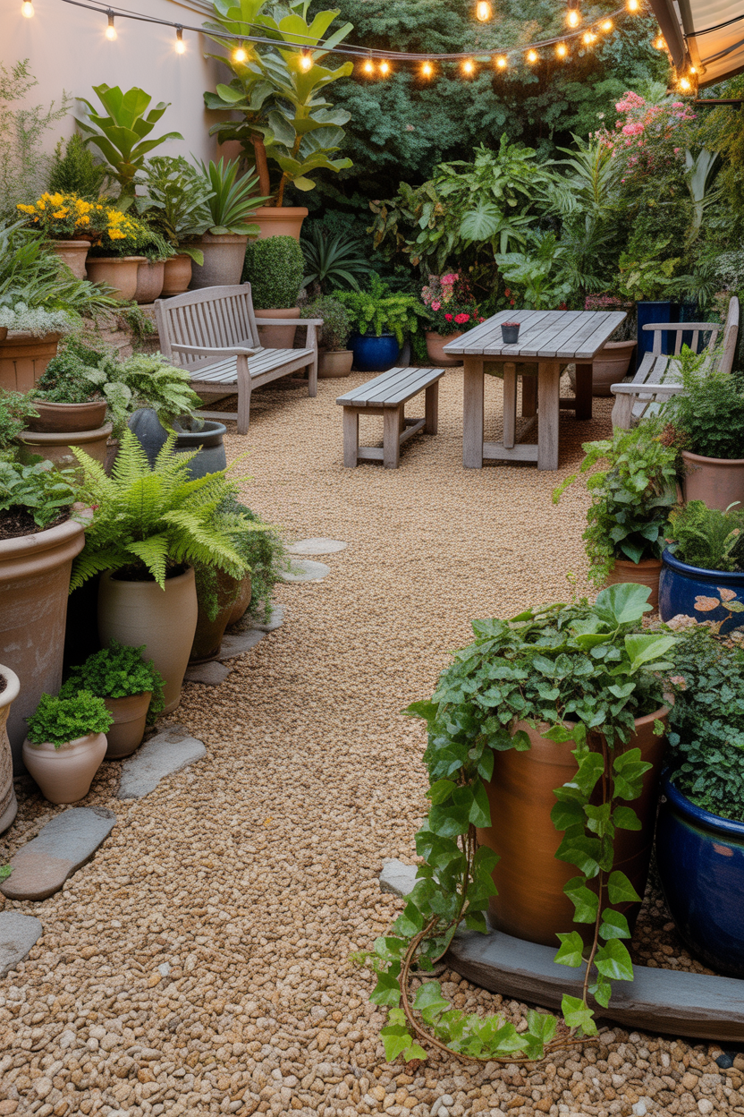 gravel patio ideas with lots of potted plants and greenery