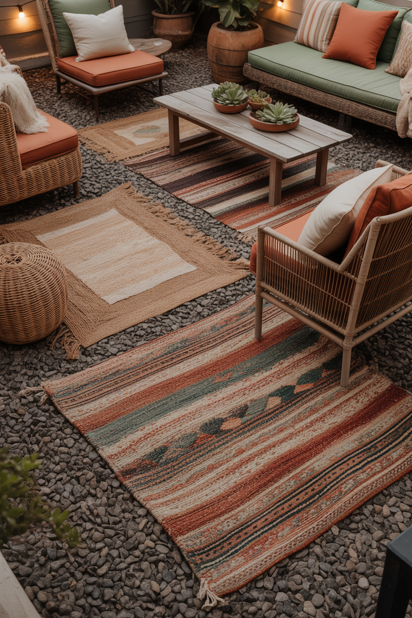 gravel patio ideas with outdoor rug layering