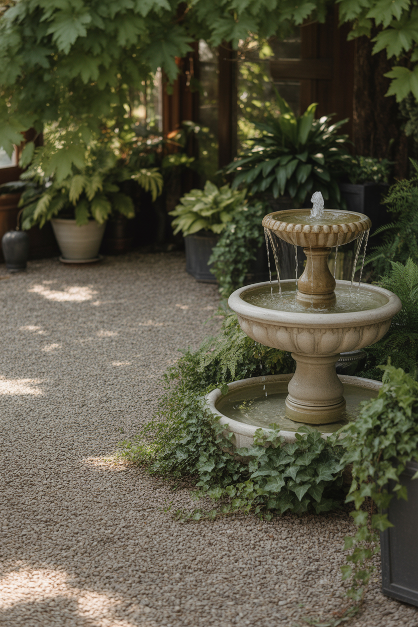 gravel patio ideas with a relaxing water feature