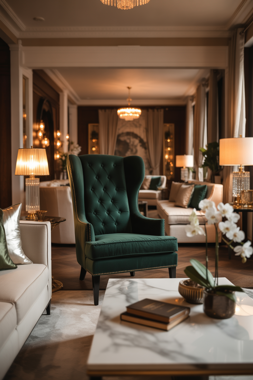 Single emerald green velvet accent chair in corner reading nook