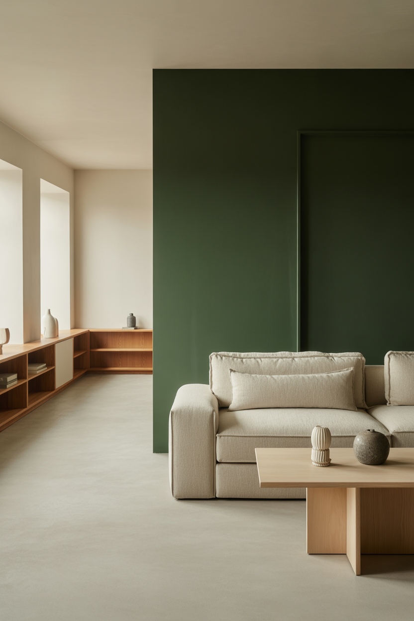 Minimalist living room with dark green accent wall and beige furniture
