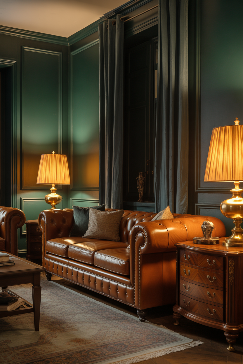 Forest green walls with a brown leather sofa and wood furniture