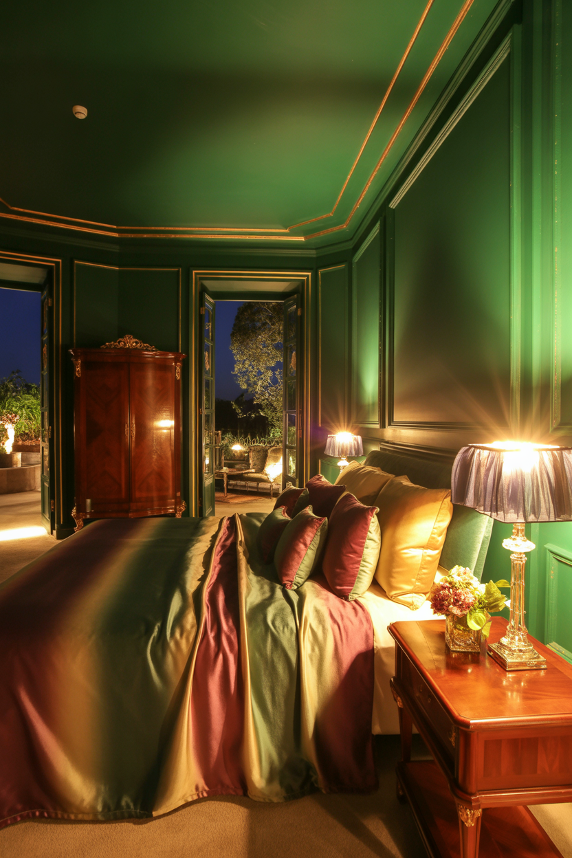 Green guest bedroom with gold accents and luxurious velvet decor