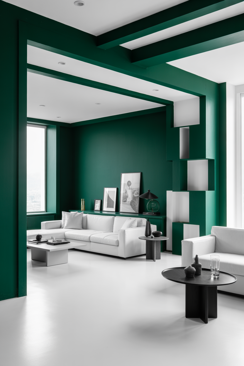 Forest green walls with all-white furniture in a modern minimalist living room