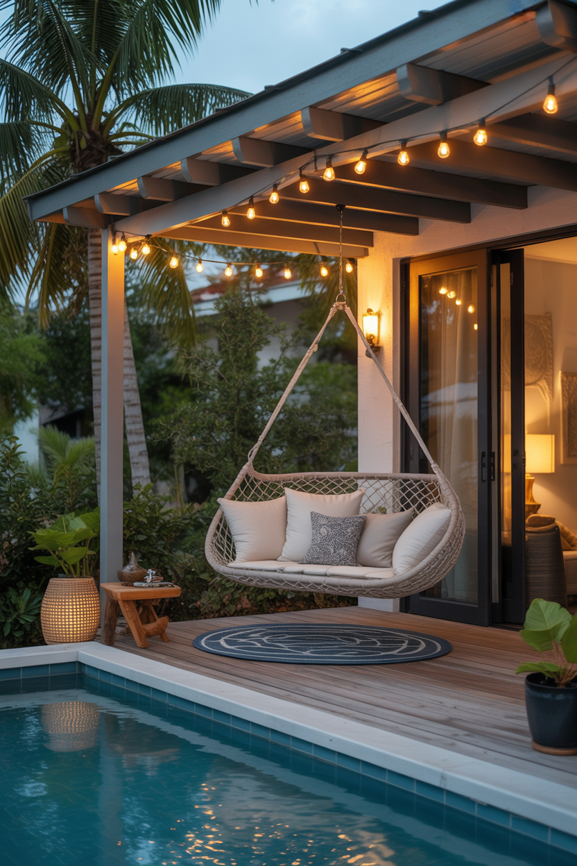 Cozy hammock nook ideas for a covered patio with luxury night ambiance