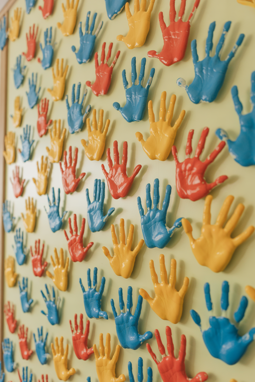 Painted handprint flowers classroom decoration for Mother’s Day
