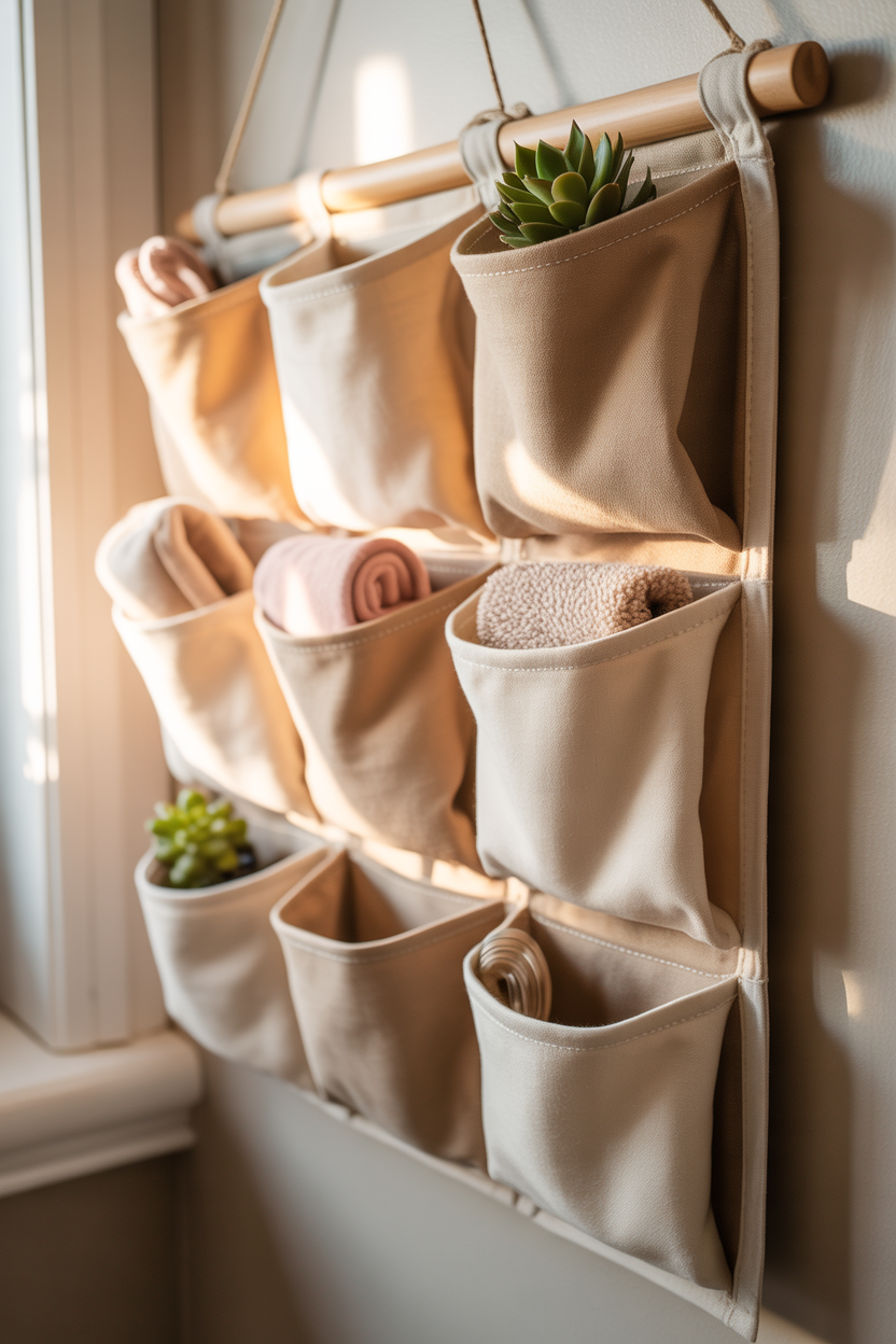 Hanging fabric storage pockets for organizing small items in the home