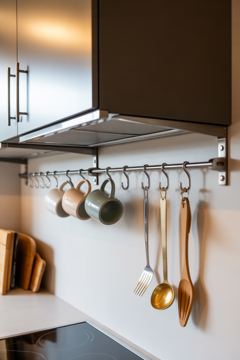 Kitchen wall rail storage system for utensils and mugs in a small space
