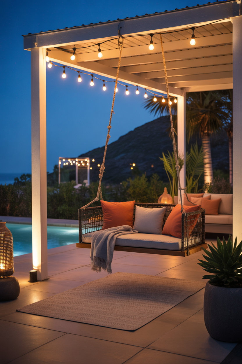 Hanging swing chair ideas for a covered patio with a cozy luxury vibe