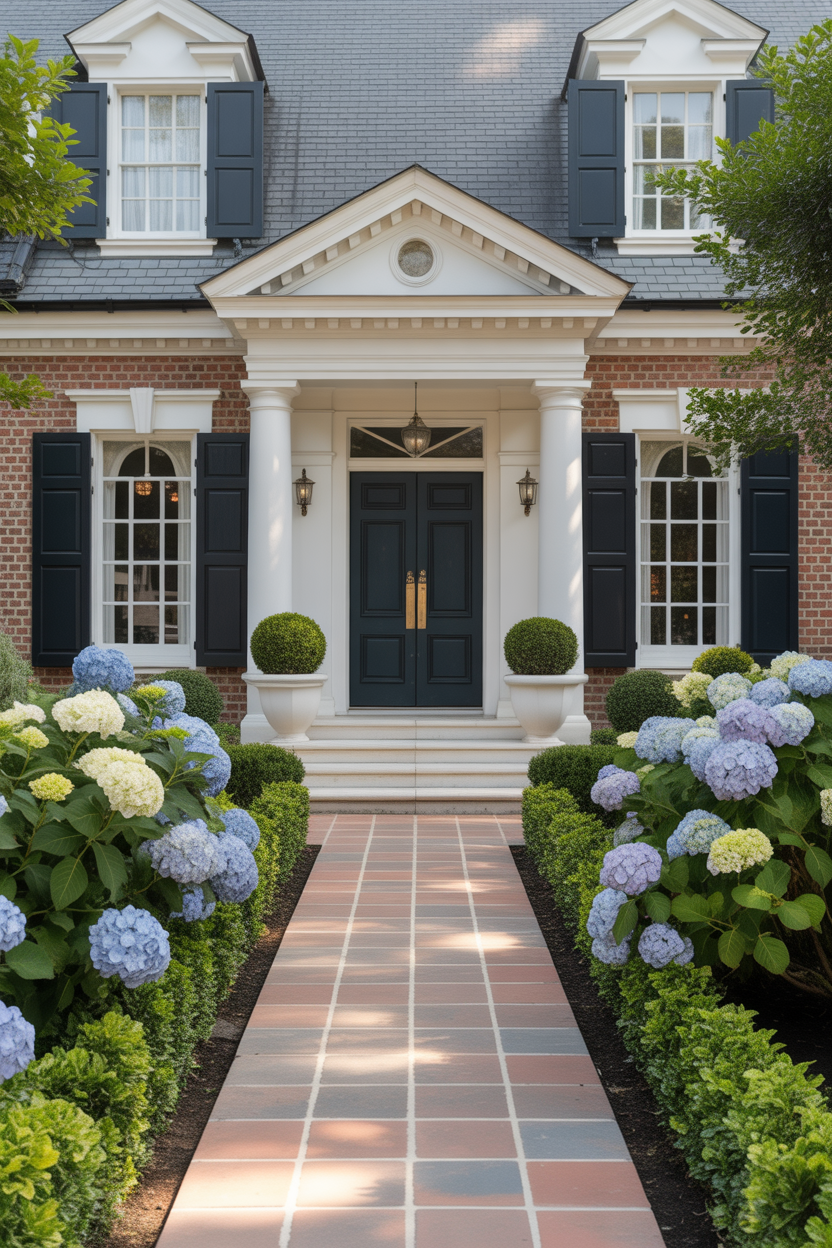hydrangea and boxwood front yard landscaping idea