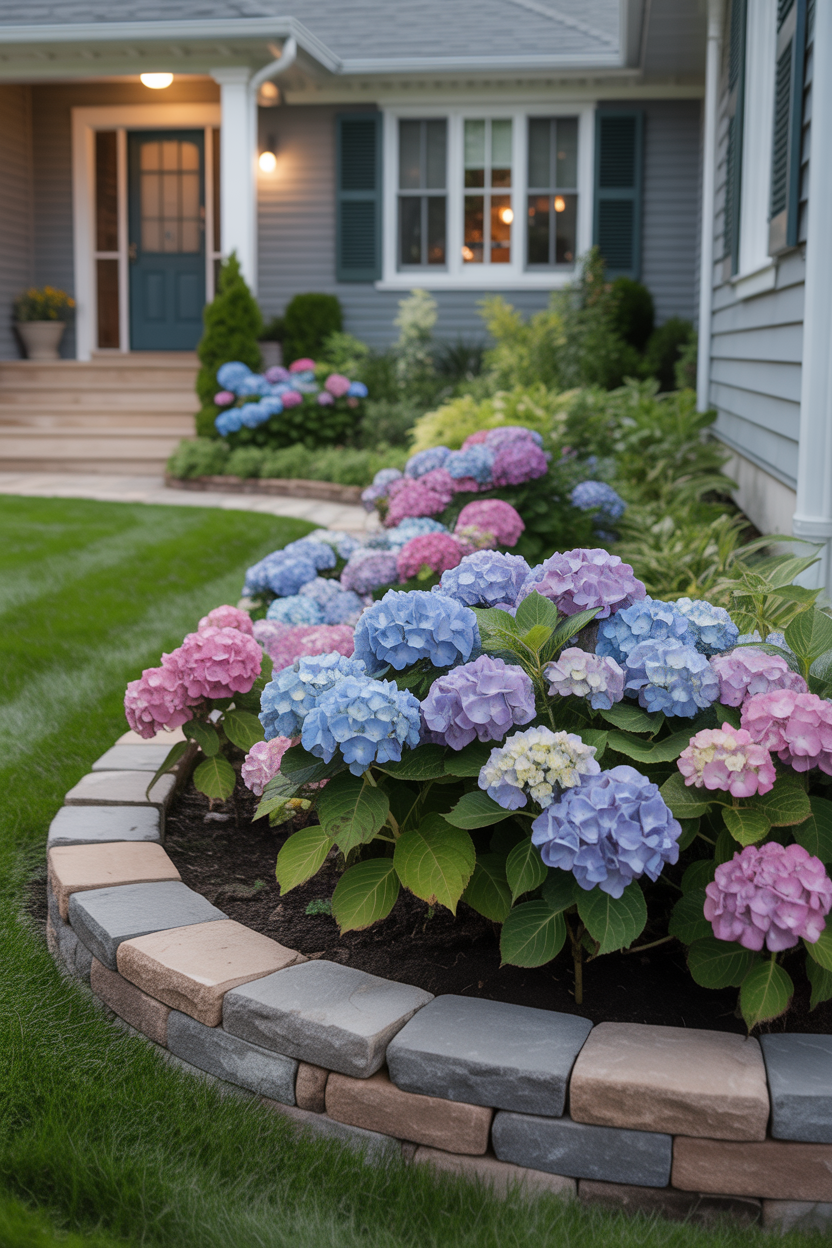 front yard hydrangea landscaping idea with corner flower bed design