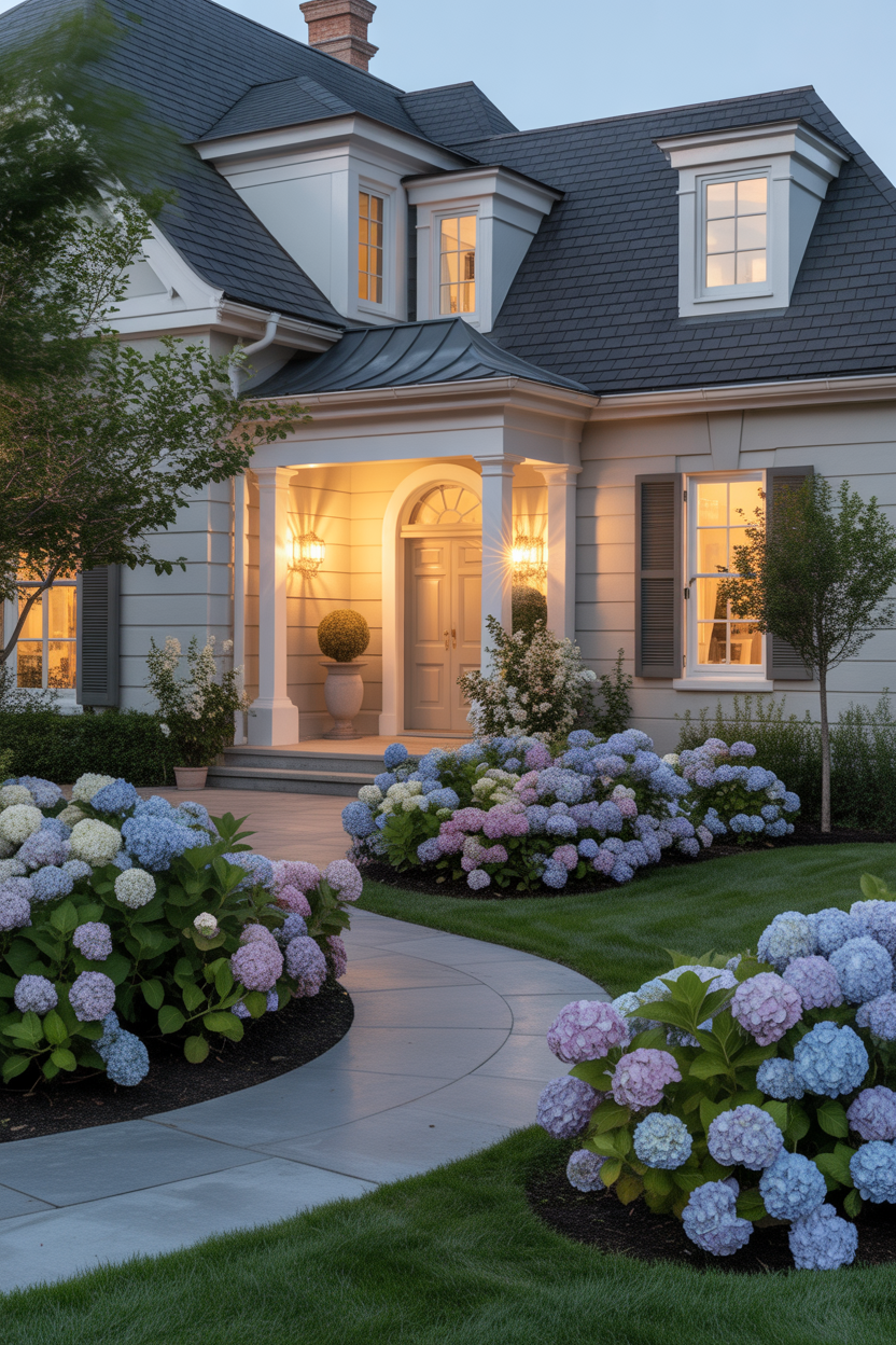 hydrangea foundation planting front yard landscaping idea