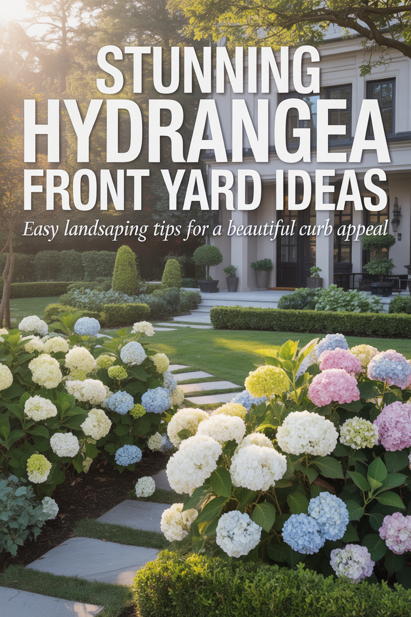 Beautiful front yard landscaping with blooming hydrangeas in soft pastel colors, featuring a stylish walkway and lush garden design for enhanced curb appeal.