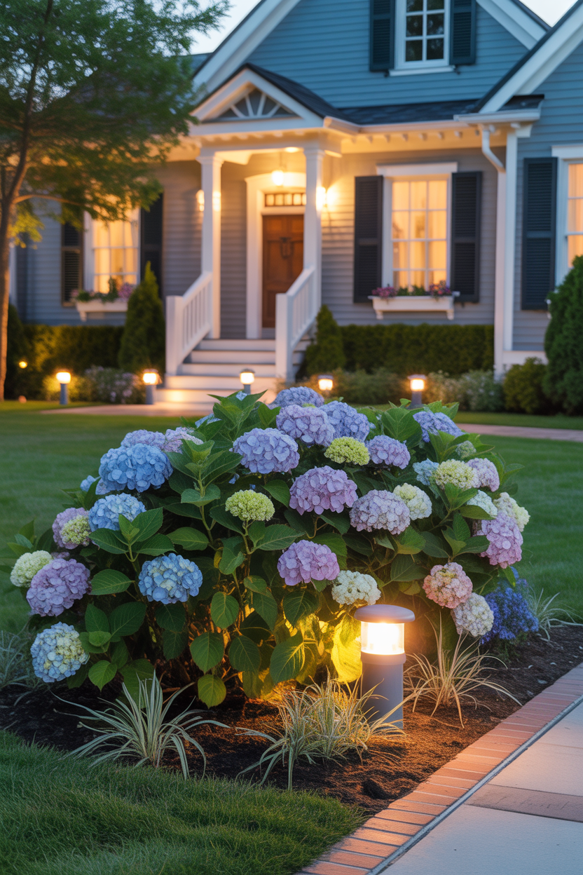 front yard hydrangea landscaping with warm garden lighting at night