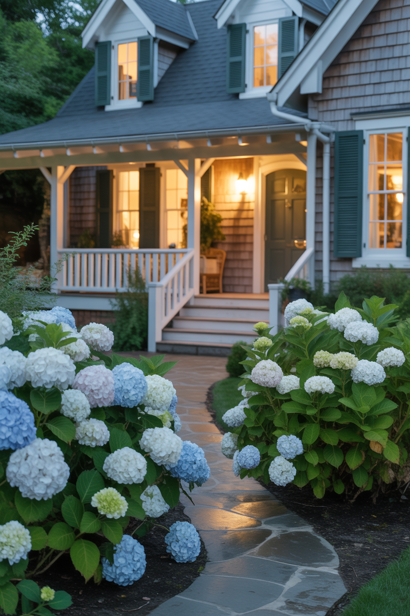 front yard hydrangea landscaping ideas with walkway lined with white flowers